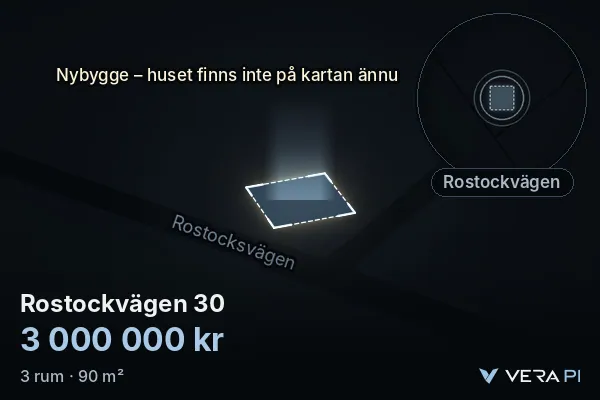 VERA PI:s bild av Rostockvägen 30: huset i 3D, upplyst i blått, och kartan runt omkring