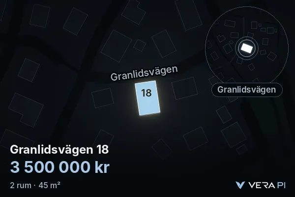 VERA PI:s bild av Granlidsvägen 18: huset i 3D, upplyst i blått, och kartan runt omkring
