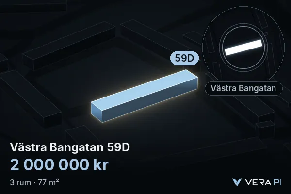 VERA PI:s bild av Västra Bangatan 59D: huset i 3D, upplyst i blått, och kartan runt omkring
