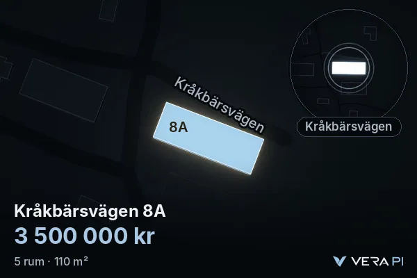 VERA PI:s bild av Kråkbärsvägen 8A: huset i 3D, upplyst i blått, och kartan runt omkring
