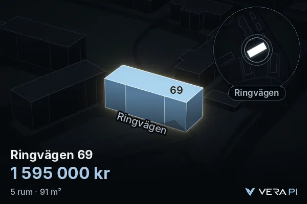 VERA PI:s bild av Ringvägen 69: huset i 3D, upplyst i blått, och kartan runt omkring