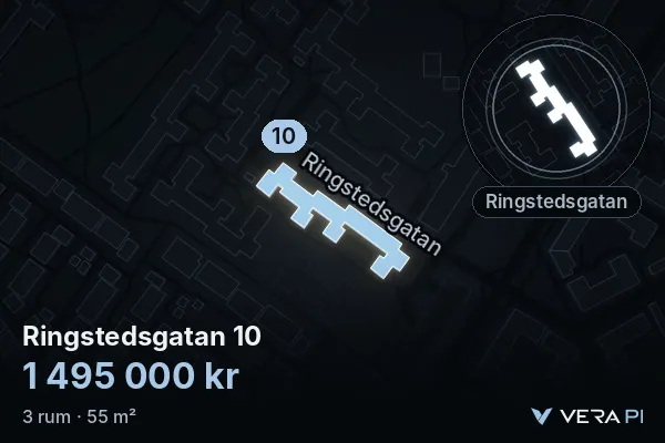 VERA PI:s bild av Ringstedsgatan 10: huset i 3D, upplyst i blått, och kartan runt omkring