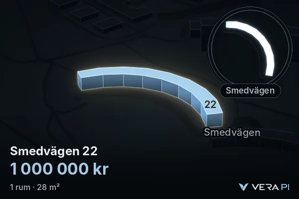 VERA PI's image of Smedvägen 22: the building in 3D, lit in blue, and the map around it