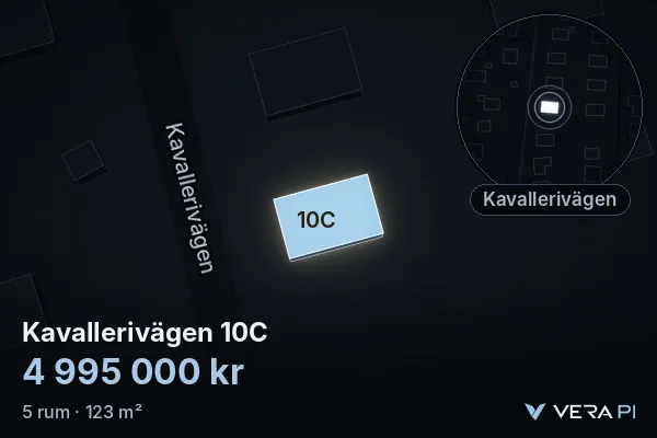 VERA PI's image of Kavallerivägen 10C: the building in 3D, lit in blue, and the map around it