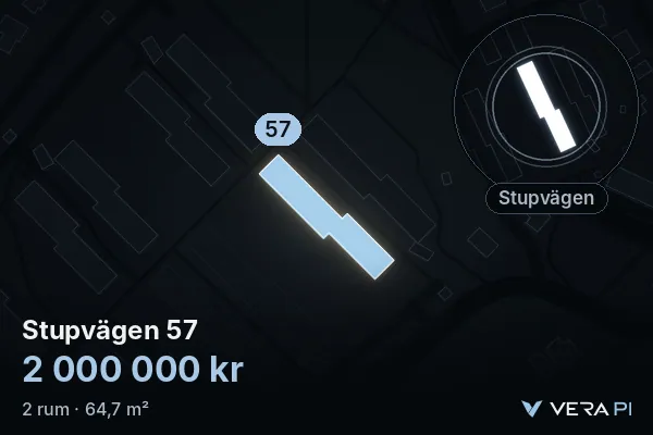 VERA PI's image of Stupvägen 57: the building in 3D, lit in blue, and the map around it