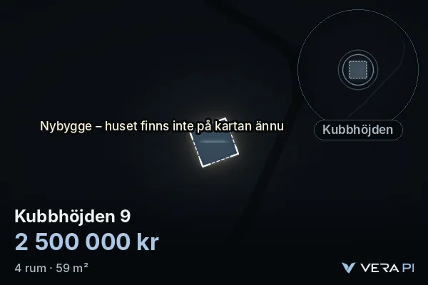 VERA PI:s bild av Kubbhöjden 9: huset i 3D, upplyst i blått, och kartan runt omkring