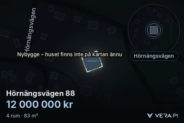 VERA PI:s bild av Hörnängsvägen 88: huset i 3D, upplyst i blått, och kartan runt omkring