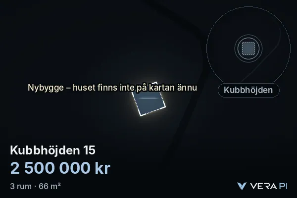 VERA PI:s bild av Kubbhöjden 15: huset i 3D, upplyst i blått, och kartan runt omkring