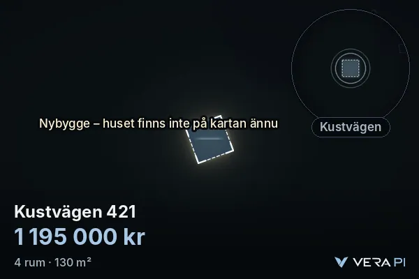 VERA PI:s bild av Kustvägen 421: huset i 3D, upplyst i blått, och kartan runt omkring