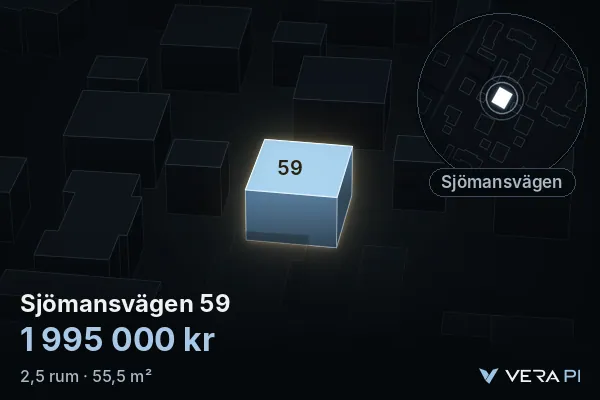 VERA PI's image of Sjömansvägen 59: the building in 3D, lit in blue, and the map around it