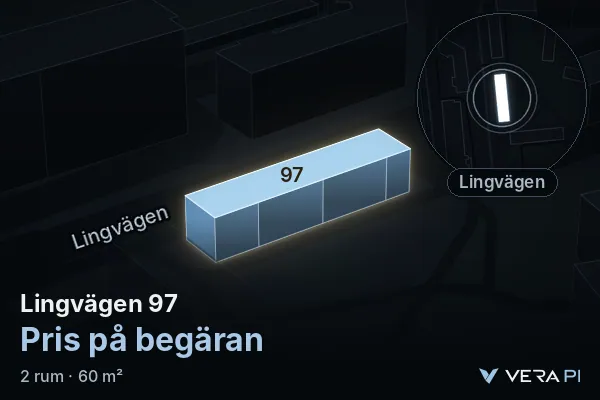 VERA PI's image of Lingvägen 97: the building in 3D, lit in blue, and the map around it