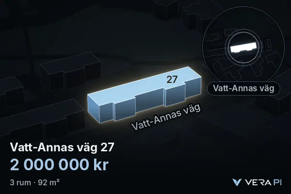 VERA PI's image of Vatt-Annas väg 27: the building in 3D, lit in blue, and the map around it