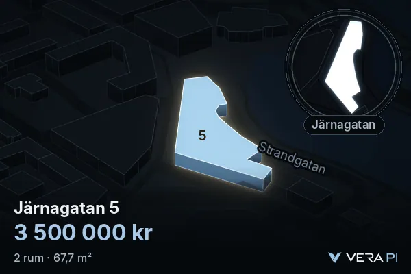 VERA PI's image of Järnagatan 5: the building in 3D, lit in blue, and the map around it