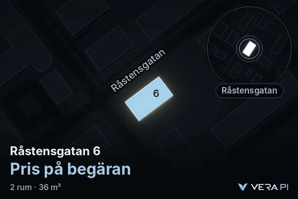VERA PI:s bild av Råstensgatan 6: huset i 3D, upplyst i blått, och kartan runt omkring