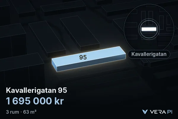 VERA PI:s bild av Kavallerigatan 95: huset i 3D, upplyst i blått, och kartan runt omkring
