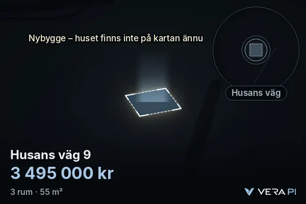 VERA PI:s bild av Husans väg 9: huset i 3D, upplyst i blått, och kartan runt omkring