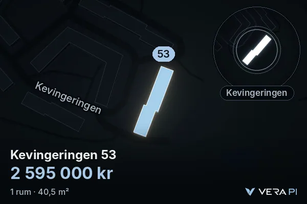 VERA PI's image of Kevingeringen 53: the building in 3D, lit in blue, and the map around it