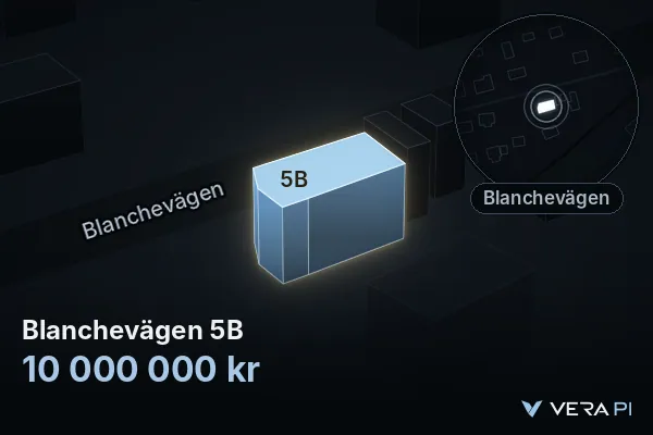 VERA PI's image of Blanchevägen 5B: the building in 3D, lit in blue, and the map around it