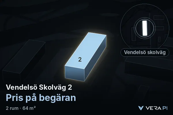 VERA PI:s bild av Vendelsö Skolväg 2: huset i 3D, upplyst i blått, och kartan runt omkring