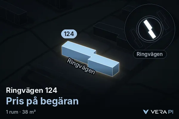 VERA PI:s bild av Ringvägen 124: huset i 3D, upplyst i blått, och kartan runt omkring