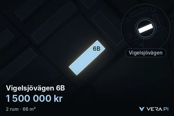 VERA PI:s bild av Vigelsjövägen 6B: huset i 3D, upplyst i blått, och kartan runt omkring