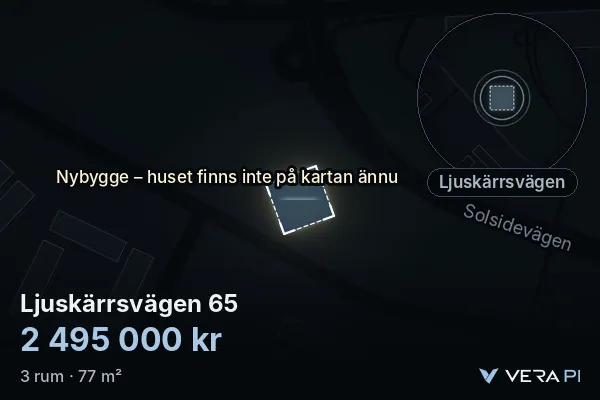 VERA PI:s bild av Ljuskärrsvägen 65: huset i 3D, upplyst i blått, och kartan runt omkring