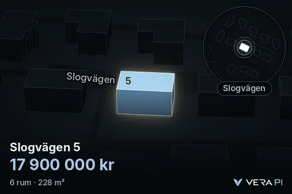 VERA PI's image of Slogvägen 5: the building in 3D, lit in blue, and the map around it