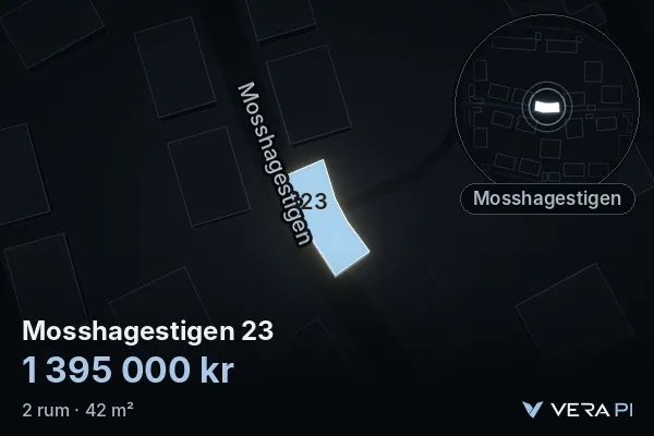 VERA PI's image of Mosshagestigen 23: the building in 3D, lit in blue, and the map around it