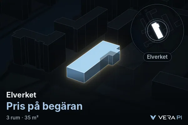 VERA PI's image of Elverket: the building in 3D, lit in blue, and the map around it
