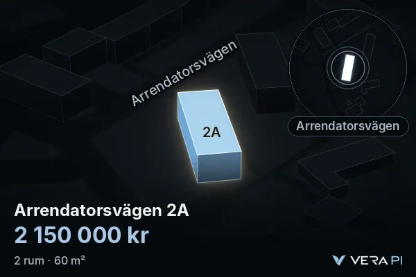 VERA PI:s bild av Arrendatorsvägen 2A: huset i 3D, upplyst i blått, och kartan runt omkring