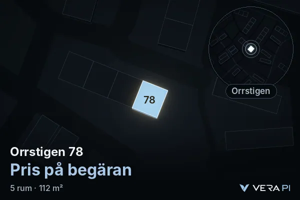 VERA PI's image of Orrstigen 78: the building in 3D, lit in blue, and the map around it