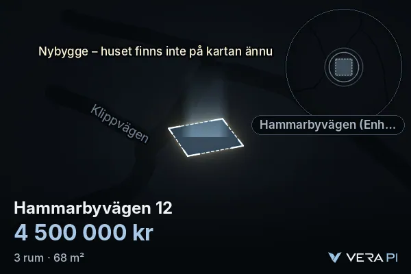 VERA PI:s bild av Hammarbyvägen 12: huset i 3D, upplyst i blått, och kartan runt omkring