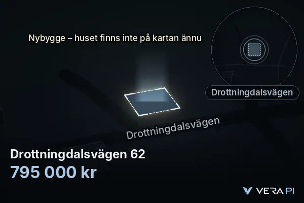 VERA PI's image of Drottningdalsvägen 62: the building in 3D, lit in blue, and the map around it
