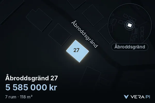 VERA PI's image of Åbroddsgränd 27: the building in 3D, lit in blue, and the map around it