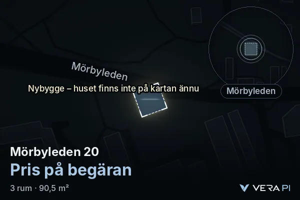 VERA PI's image of Mörbyleden 20: the building in 3D, lit in blue, and the map around it
