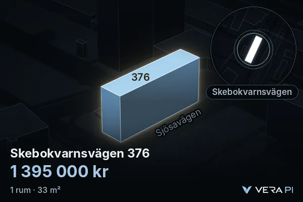 VERA PI's image of Skebokvarnsvägen 376: the building in 3D, lit in blue, and the map around it