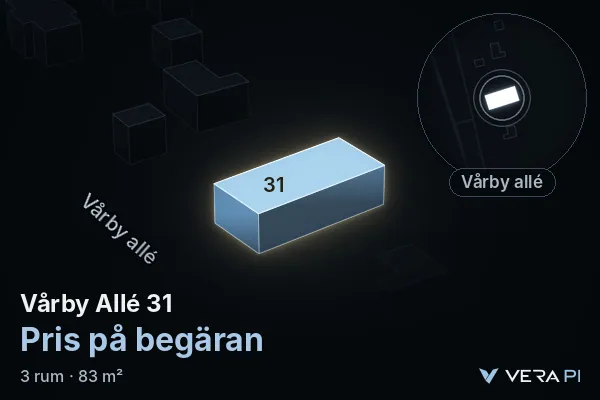 VERA PI:s bild av Vårby Allé 31: huset i 3D, upplyst i blått, och kartan runt omkring