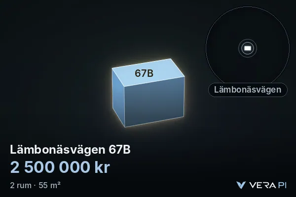 VERA PI:s bild av Lämbonäsvägen 67B: huset i 3D, upplyst i blått, och kartan runt omkring
