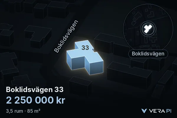 VERA PI:s bild av Boklidsvägen 33: huset i 3D, upplyst i blått, och kartan runt omkring
