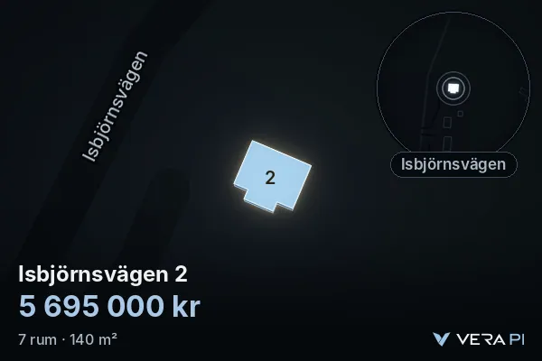 VERA PI's image of Isbjörnsvägen 2: the building in 3D, lit in blue, and the map around it