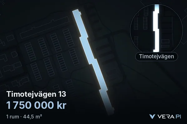 VERA PI's image of Timotejvägen 13: the building in 3D, lit in blue, and the map around it