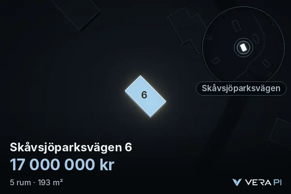 VERA PI:s bild av Skåvsjöparksvägen 6: huset i 3D, upplyst i blått, och kartan runt omkring