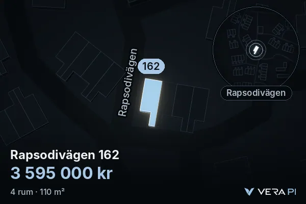 VERA PI:s bild av Rapsodivägen 162: huset i 3D, upplyst i blått, och kartan runt omkring