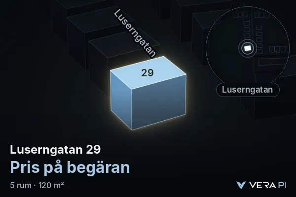 VERA PI:s bild av Luserngatan 29: huset i 3D, upplyst i blått, och kartan runt omkring