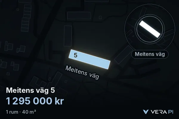 VERA PI:s bild av Meitens väg 5: huset i 3D, upplyst i blått, och kartan runt omkring