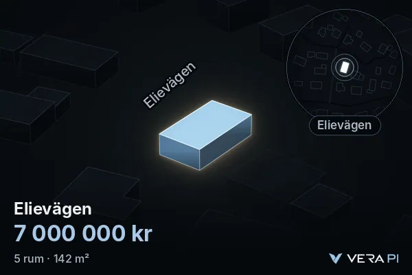 VERA PI's image of Elievägen: the building in 3D, lit in blue, and the map around it