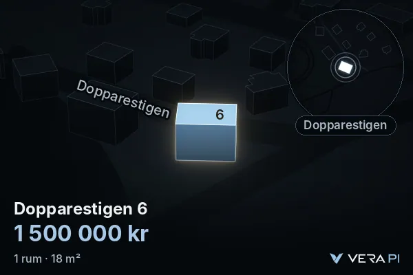 VERA PI:s bild av Dopparestigen 6: huset i 3D, upplyst i blått, och kartan runt omkring