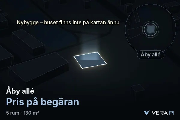 VERA PI:s bild av Åby allé: huset i 3D, upplyst i blått, och kartan runt omkring