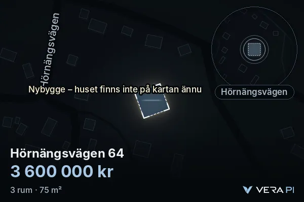 VERA PI's image of Hörnängsvägen 64: the building in 3D, lit in blue, and the map around it