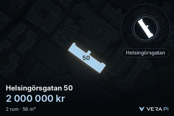 VERA PI's image of Helsingörsgatan 50: the building in 3D, lit in blue, and the map around it
